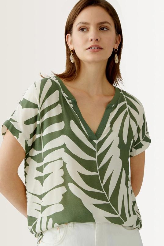 Blouse met bladprint en streepdessin OUI