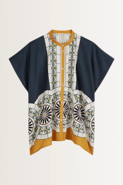 Blouse, short sleeve, stand up coll