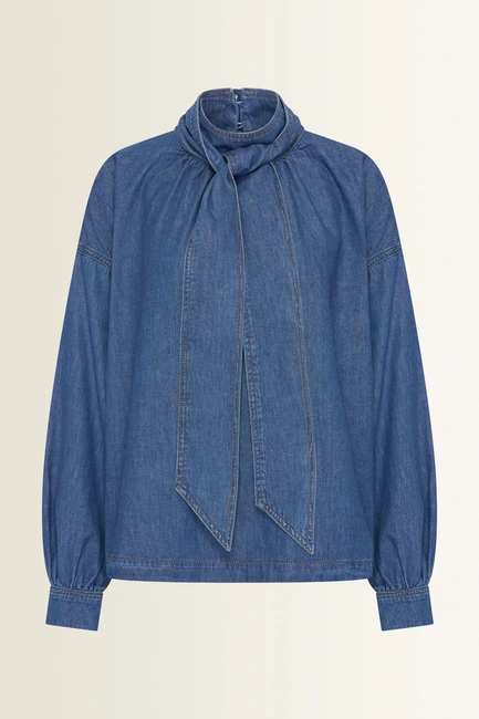 Denim blouse met strikkraag