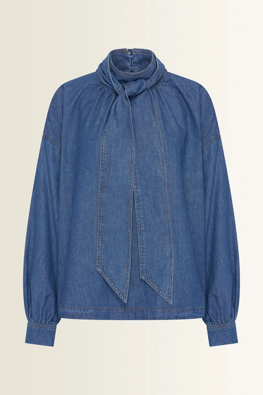 Denim blouse met strikkraag