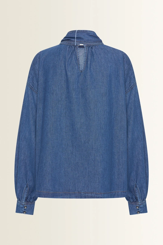 Denim blouse met strikkraag