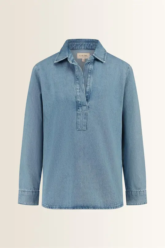 Denim blouse met V-hals