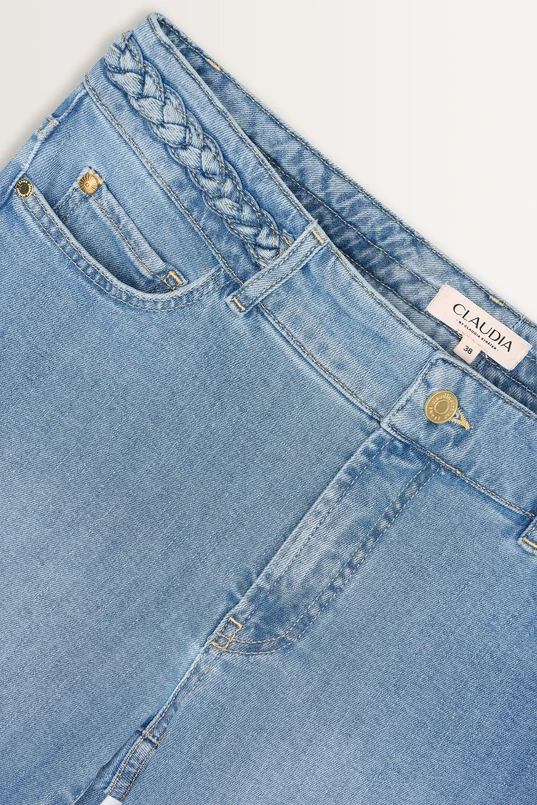 Flared denim jeans gevlochten detail