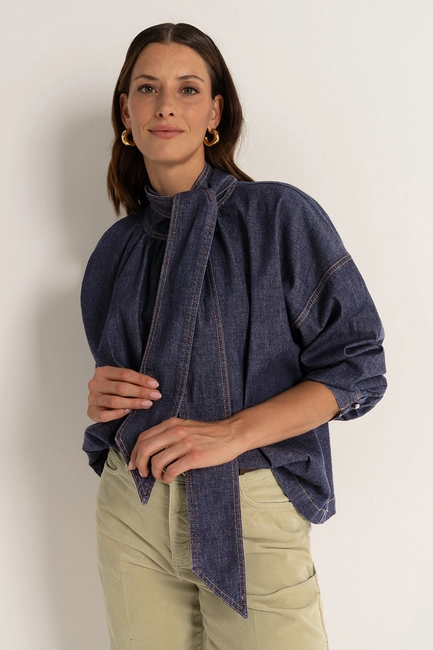 Jeansblouse met strikdetail