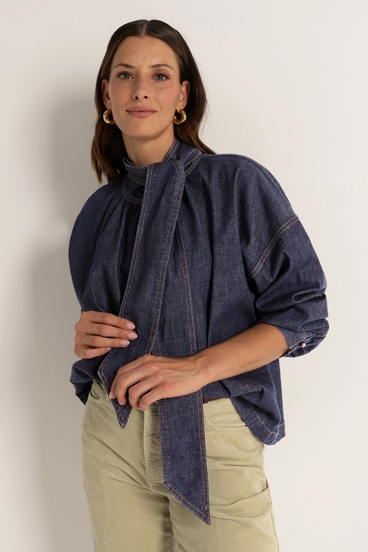 Jeansblouse met strikdetail