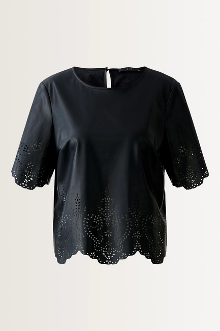 Lederlook blouse met laser-cut details OUI