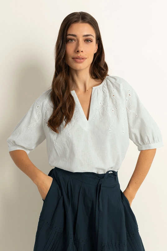 Linnen-katoen blouse met bladmotief