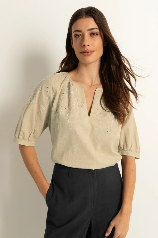 Linnen-katoen blouse met bladmotief