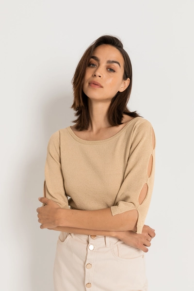 Lurex trui met mouwsplit