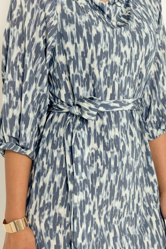 Print jurk met watervalhals en strikceintuur