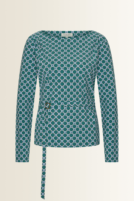 Travel top met print en ceintuurdetail